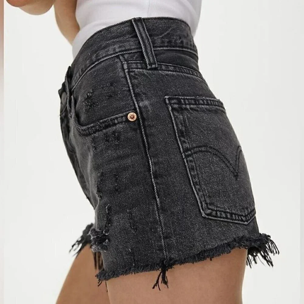 Levis 501 Big E High Rise Cut Off Shorts Washed Trashed Black Sz 26